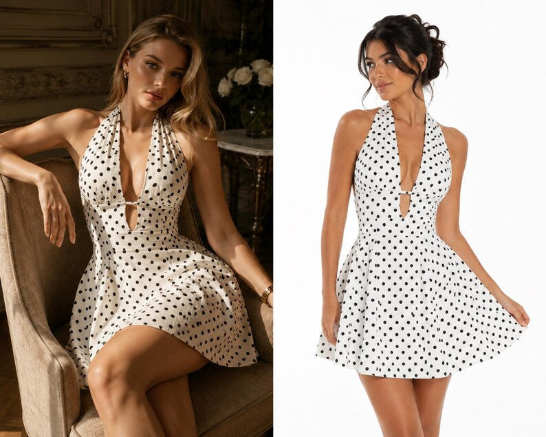 Polka Dot Retro Dress Vintage Inspired Outfit Women Summer Backless Mini Dress
