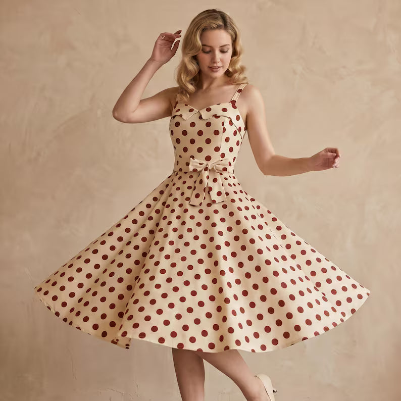 Vintage Polka Dot Swing Dress, Retro A-Line Midi Party Dress with Bow Belt