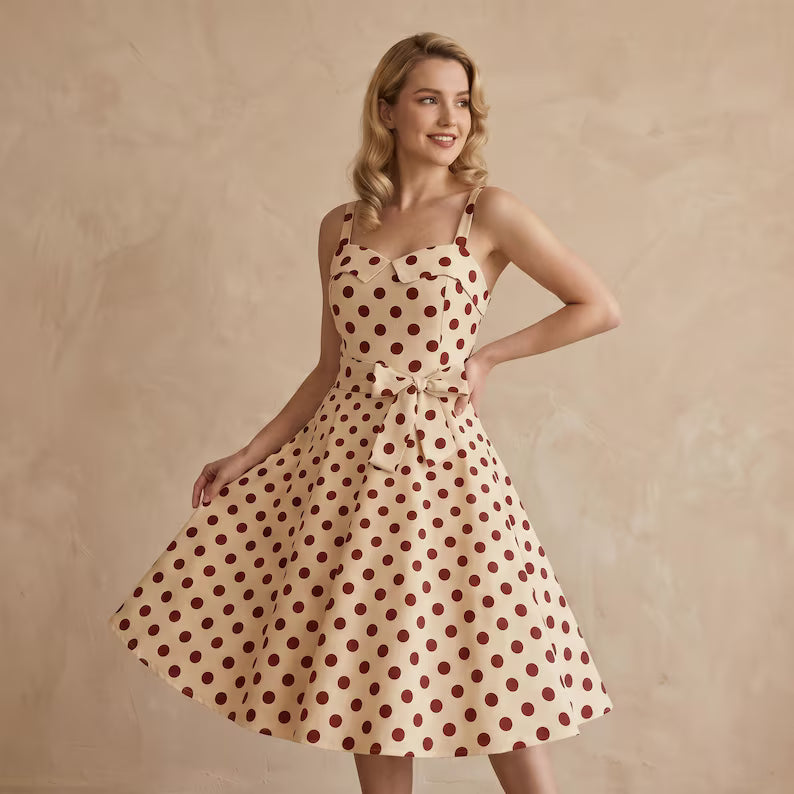 Vintage Polka Dot Swing Dress, Retro A-Line Midi Party Dress with Bow Belt