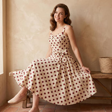 Vintage Polka Dot Swing Dress, Retro A-Line Midi Party Dress with Bow Belt