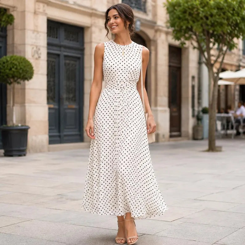 White Polka Dot Halter Maxi Dress