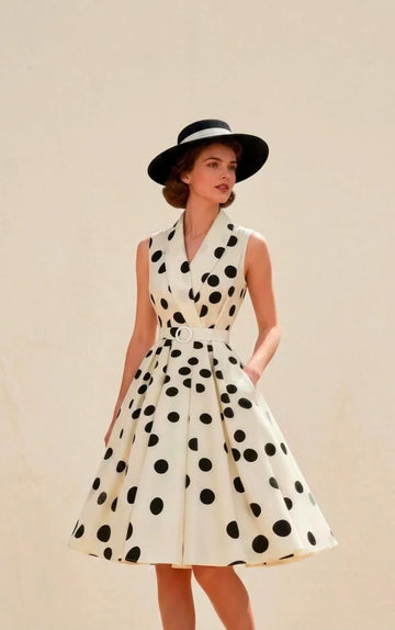 Vintage Polka Dot Sleeveless Midi Dress, Collared Belted Pleated Swing Outfit