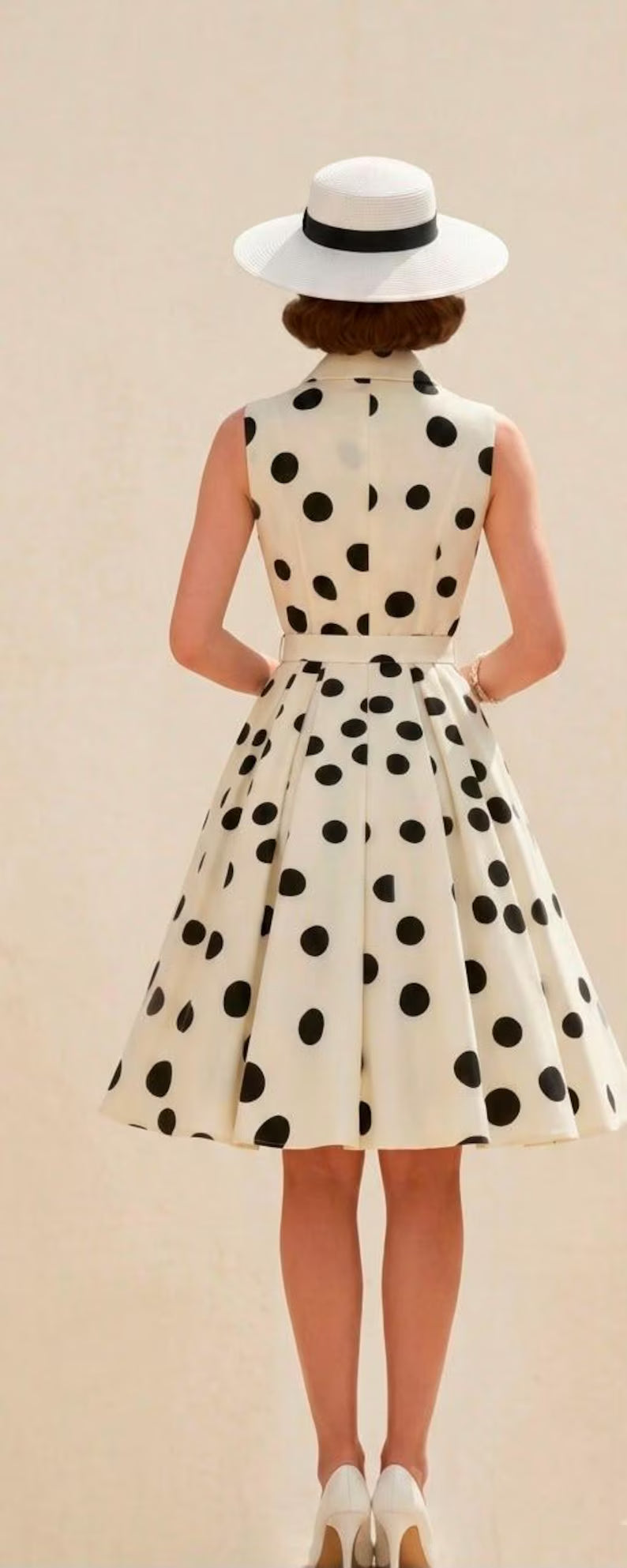 Vintage Polka Dot Sleeveless Midi Dress, Collared Belted Pleated Swing Outfit