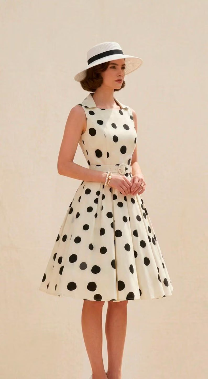 Vintage Polka Dot Sleeveless Midi Dress, Collared Belted Pleated Swing Outfit