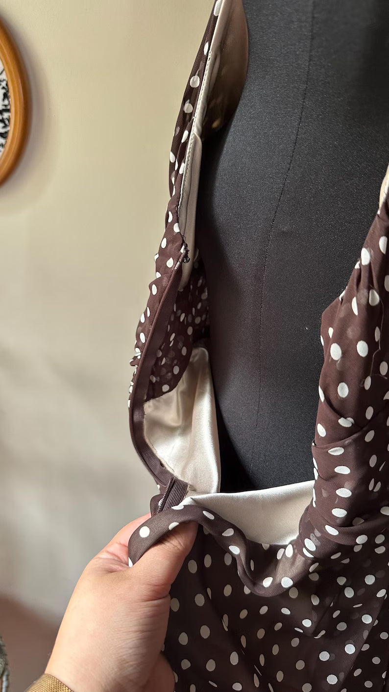 Vintage Charlie Brown Polka Dot Chiffon Midi Dress with Scarf