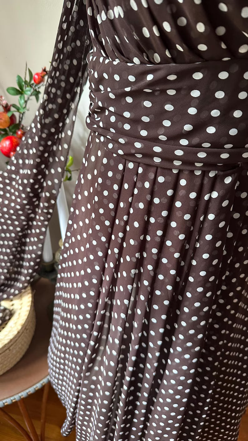 Vintage Charlie Brown Polka Dot Chiffon Midi Dress with Scarf