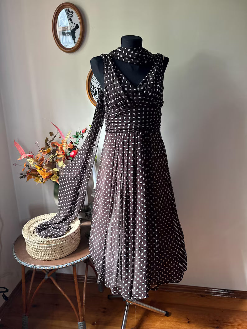 Vintage Charlie Brown Polka Dot Chiffon Midi Dress with Scarf