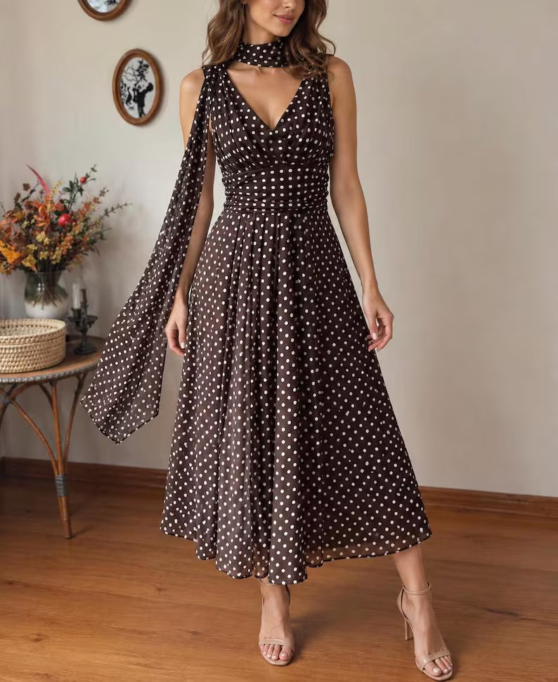 Vintage Charlie Brown Polka Dot Chiffon Midi Dress with Scarf