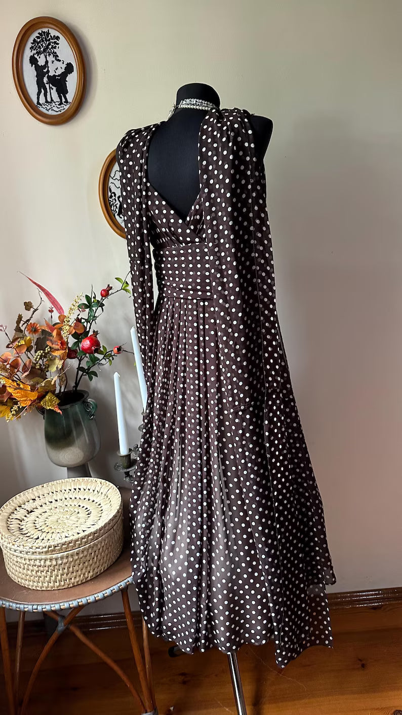 Vintage Charlie Brown Polka Dot Chiffon Midi Dress with Scarf
