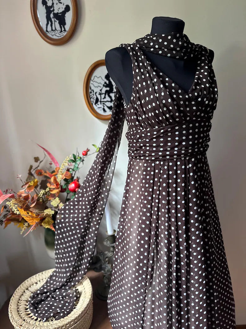 Vintage Charlie Brown Polka Dot Chiffon Midi Dress with Scarf