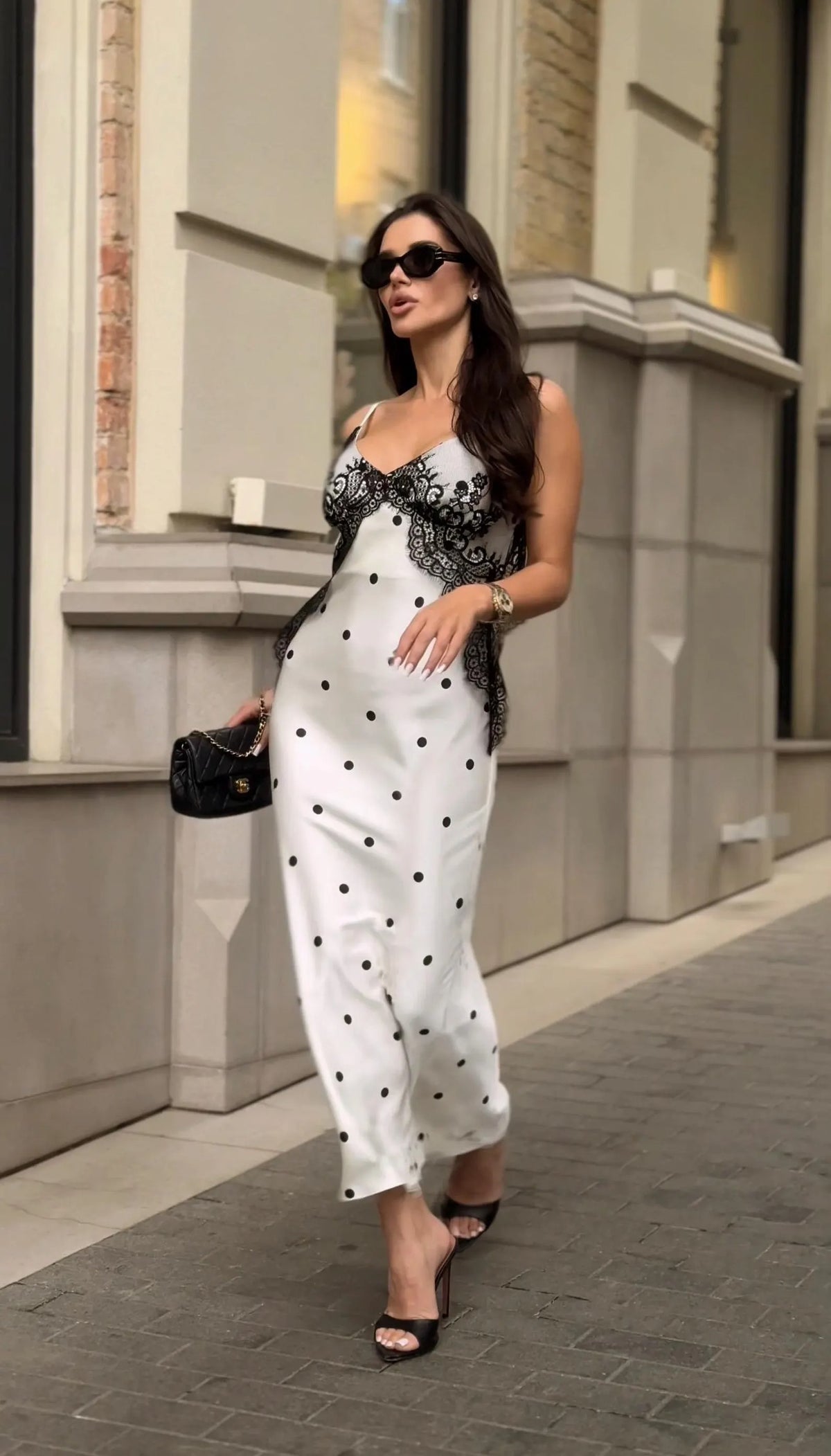 WHITE SATIN POLKA DOT DRESS WITH BLACK LACE DRESS