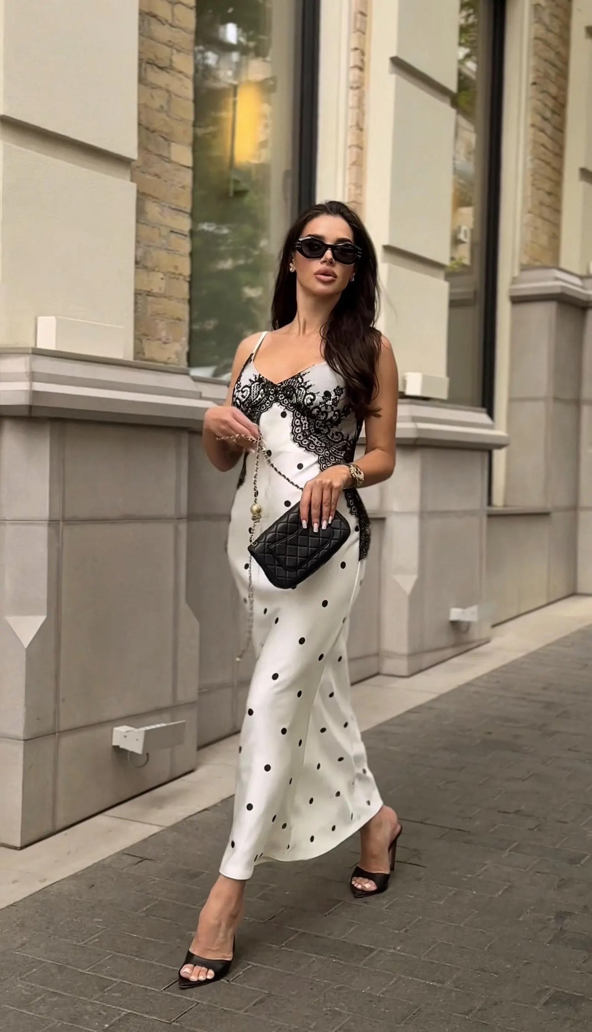 WHITE SATIN POLKA DOT DRESS WITH BLACK LACE DRESS