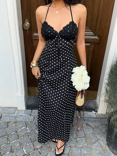 Black Polka Dot Print Lace Patchwork V-Neck Halter Backless Maxi Dress
