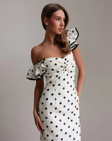 Polka Dot Midi Dress: Ruffle Sleeve Retro Style Dress