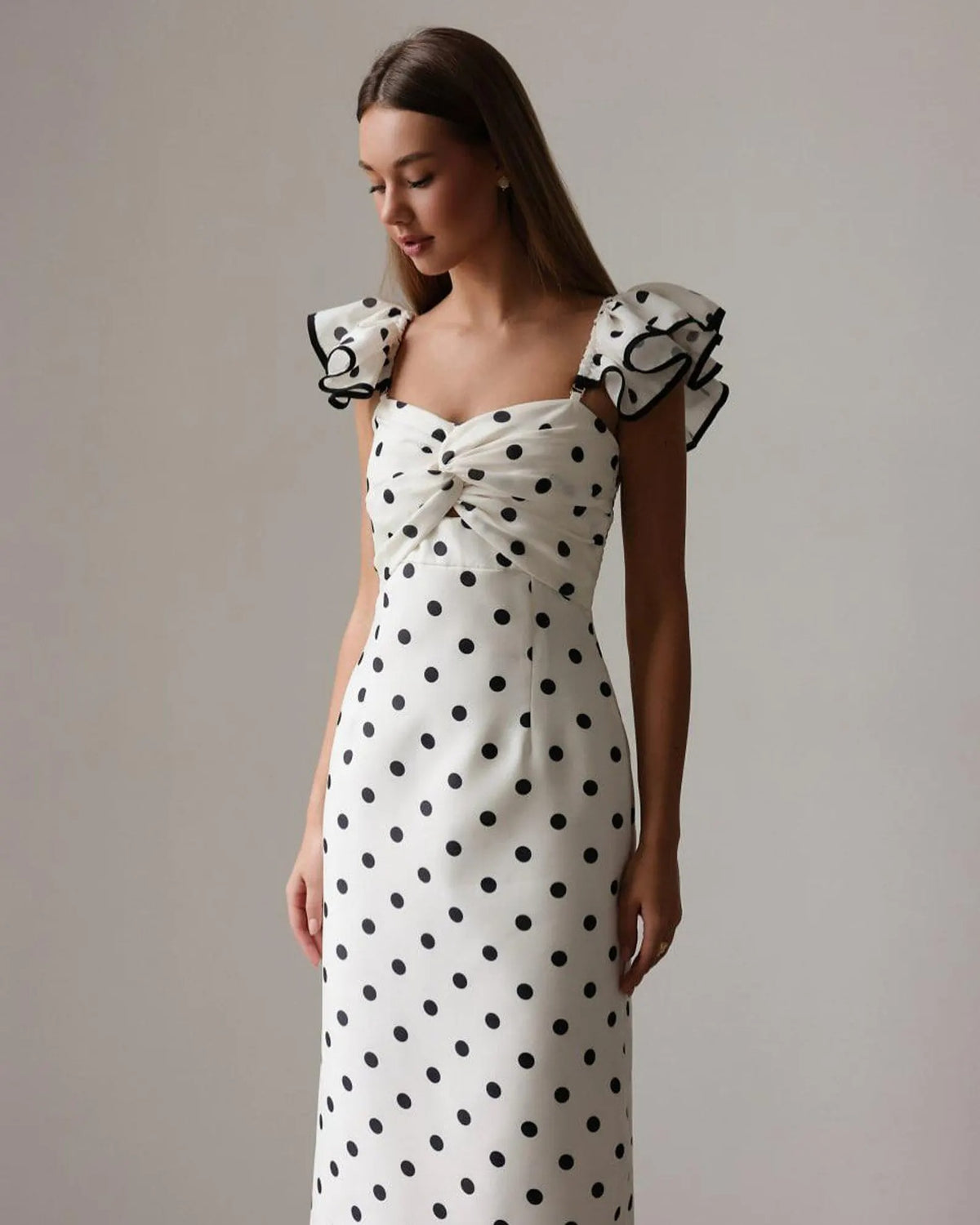 Polka Dot Midi Dress: Ruffle Sleeve Retro Style Dress