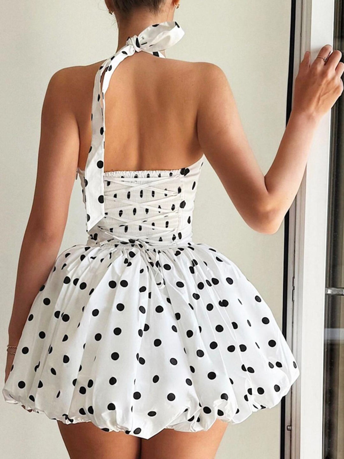 Polka Dot Print Halter Neck Balloon Mini Dress, Bubble Hem Dress for Women