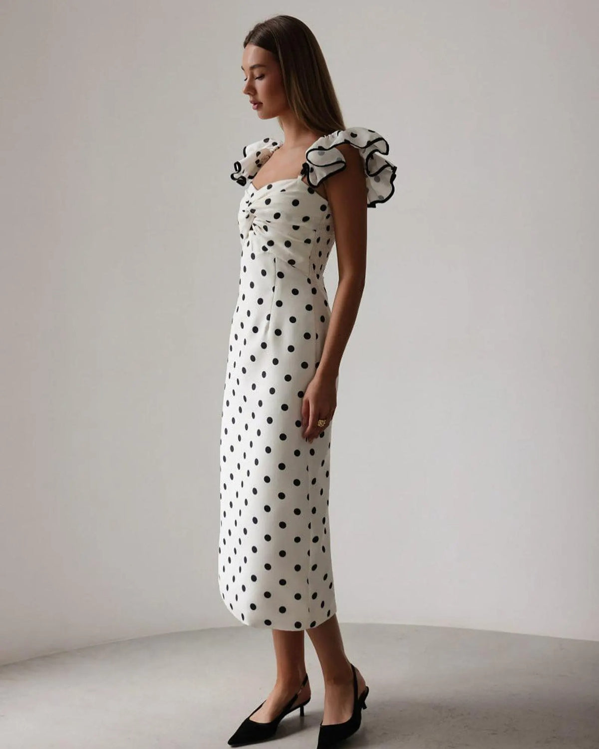 Polka Dot Midi Dress: Ruffle Sleeve Retro Style Dress
