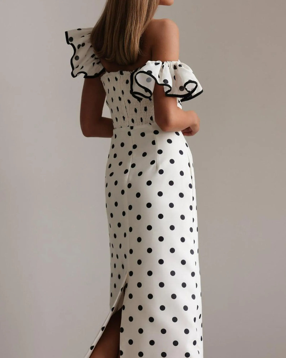 Polka Dot Midi Dress: Ruffle Sleeve Retro Style Dress