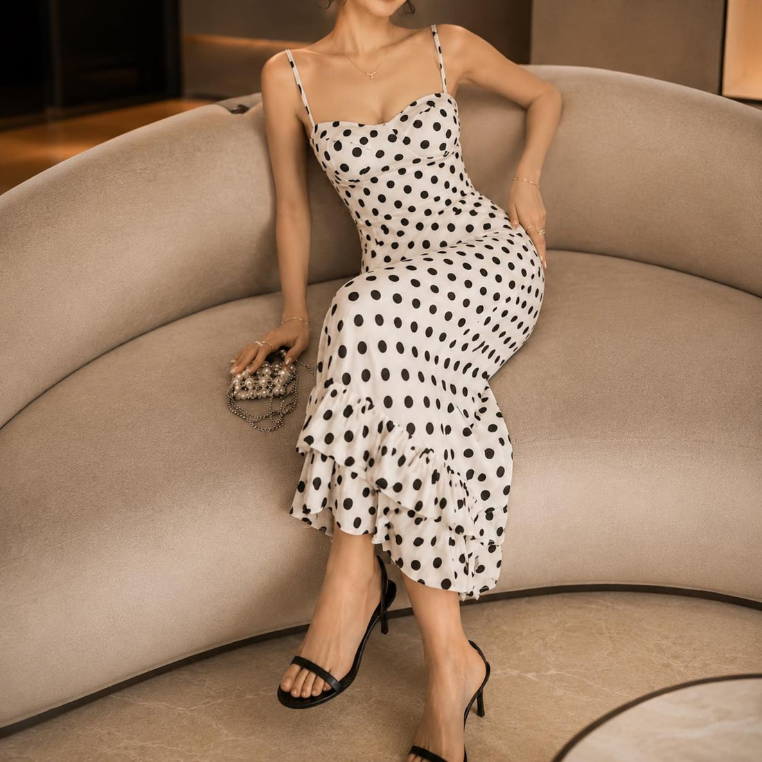 White Polka Dot Midi Dress, Spaghetti Strap Summer Sundress, Cottagecore Backless Gown