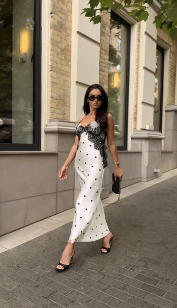 WHITE SATIN POLKA DOT DRESS WITH BLACK LACE DRESS